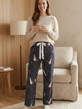 Soma Lounge Pants Medium Navy Pinstripe Champagne Print Cotton Modal Like New!